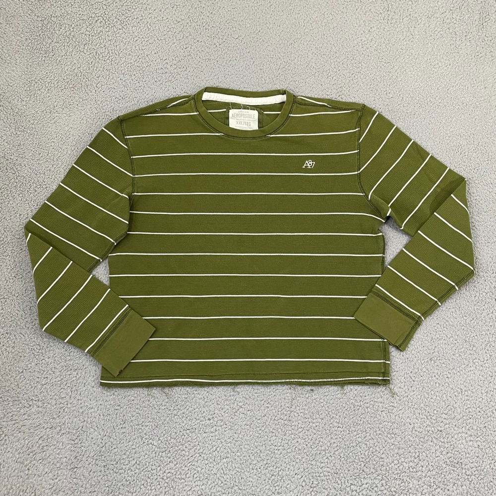 Aeropostale Thermal Waffle Knit Shirt 2XL Green Striped Y2K Skater Long Sleeve